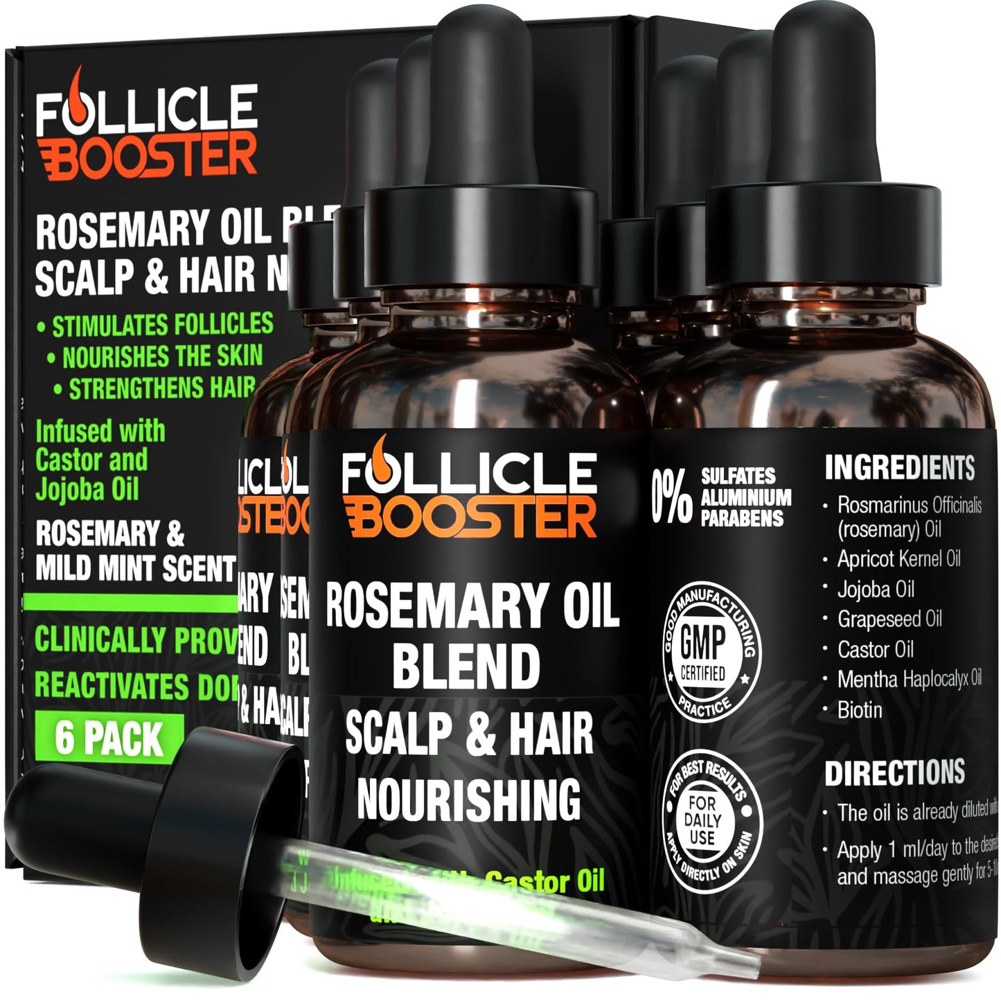 Follicle Booster Rosemary Oil Blend - Mint, Castor, Jojoba & Biotin added - Supports Hair Growth, Strengthens Follicles, Nourishes Scalp - For Adults & Teens - 6 Pack
