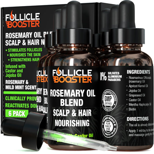 Follicle Booster Rosemary Oil Blend - Mint, Castor, Jojoba & Biotin added - Supports Hair Growth, Strengthens Follicles, Nourishes Scalp - For Adults & Teens - 6 Pack