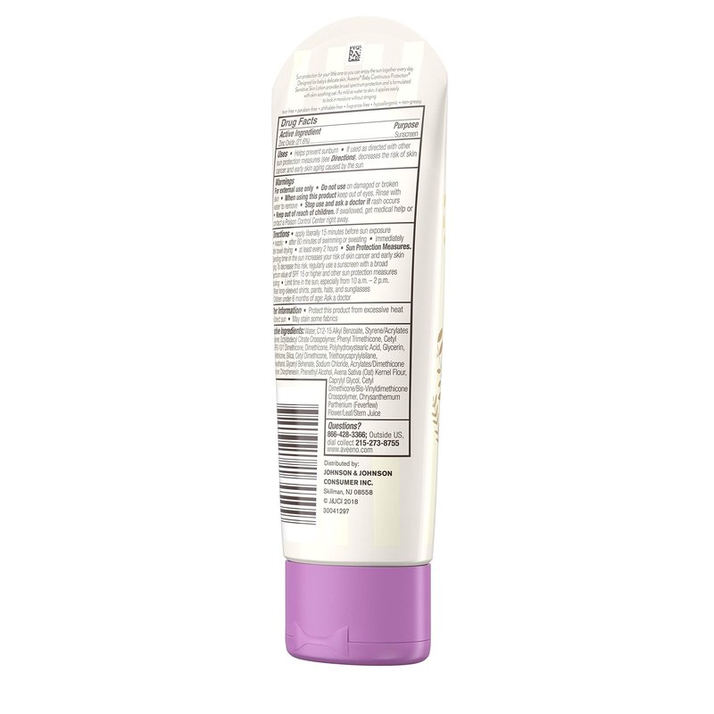 Aveeno Baby Continuous Protection Zinc Oxide Mineral Sunscreen Lotion for Sensitive Skin, Broad Spectrum SPF 50, Tear-Free, Sweat- & Water-Resistant, Paraben-Free, Travel-Size, 3 fl. oz