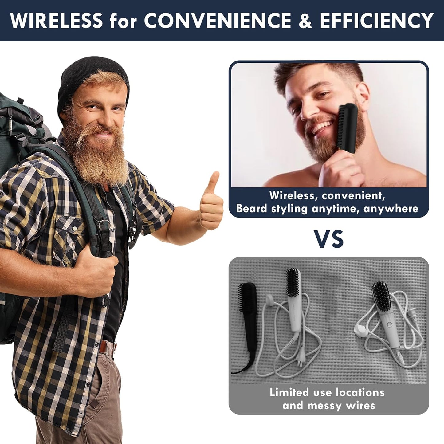 Beard Straightener for Men - Cordless Heated Comb with LCD Display | Anti-Scald, Portable for Travel