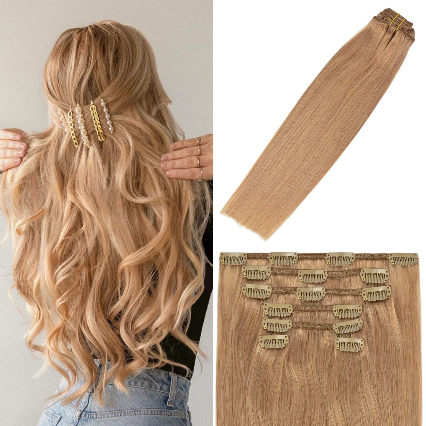 WindTouch Clip in Hair Extensions Real Human Hair Dark Blonde Hair Extensions 15Inch Straight 7PCS #12 Reddish Blonde 75g Human Hair Clip In Extensions