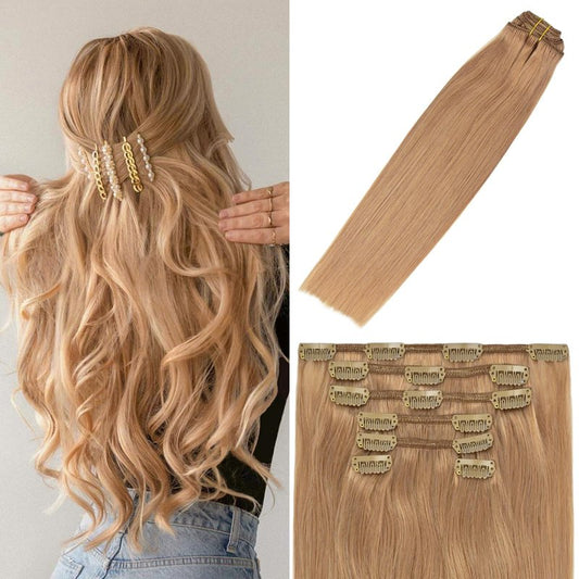 WindTouch Clip in Hair Extensions Real Human Hair Dark Blonde Hair Extensions 15Inch Straight 7PCS #12 Reddish Blonde 75g Human Hair Clip In Extensions