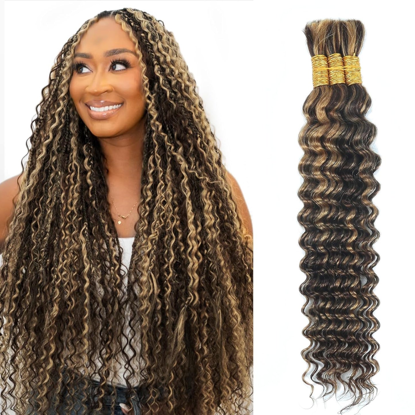 Boho Braids Human Hair - 110g 16 Inch Deep Water Wave Bulk Extensions | Virgin Curly 3 Bundles P4/30