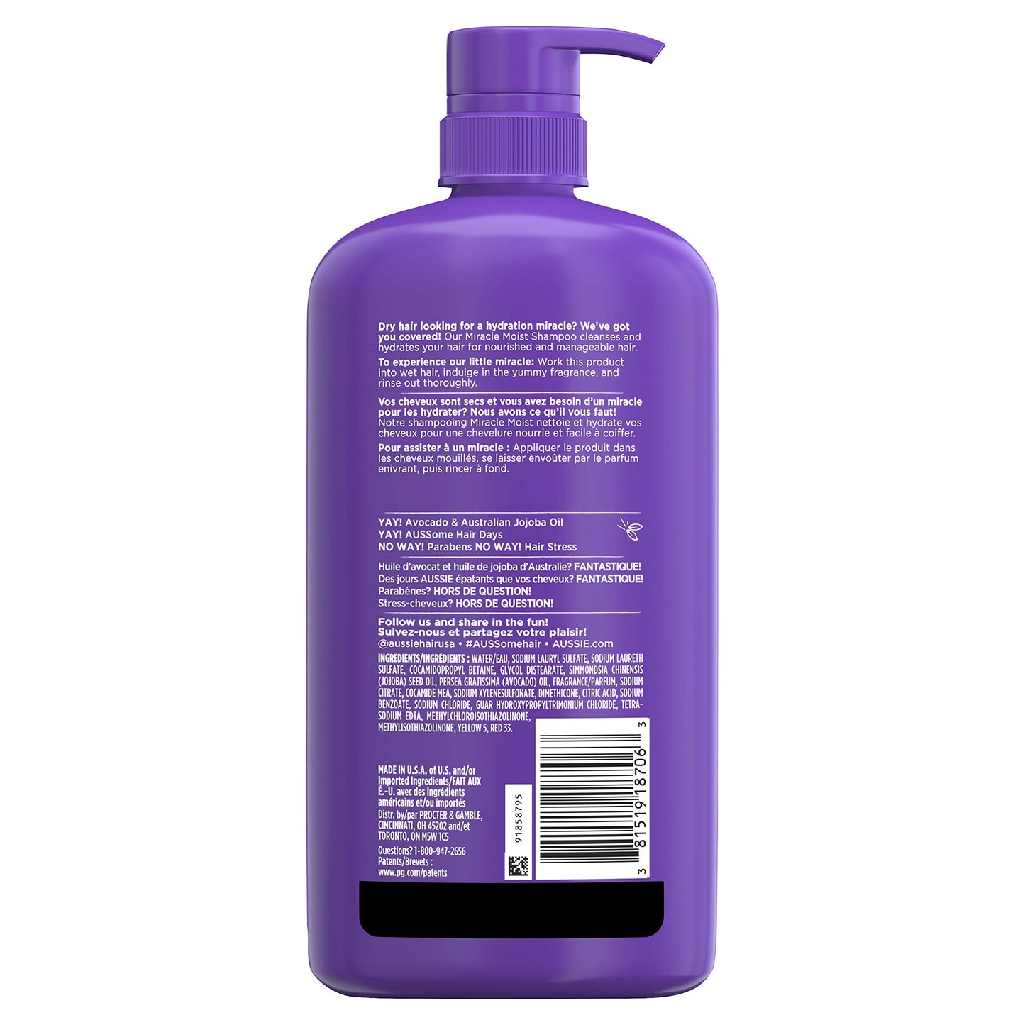 Aussie Miracle Moist Shampoo with Avocado & Jojoba for Dry Hair, Paraben-Free, 30.4 Fl Oz, (Pack of 4)