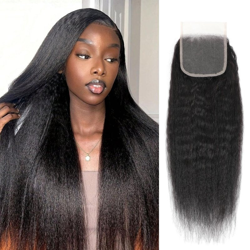 AUROO 2x6 Kim K Lace Closure Only Yaki Straight Human Hair, 12A 100% Virgin Light Yaki Straight Long Deep Parting 2 by 6 HD Lace Closure Pre Plucked 180% Density Kinkystraight Natural Black Remy 14 In
