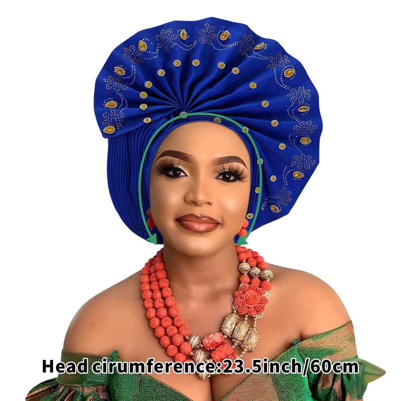 African gele head wrap for women Nigerian Headwear,auto gele Nigerian Headwear,turbans for women weddings parties event (Blue 1)