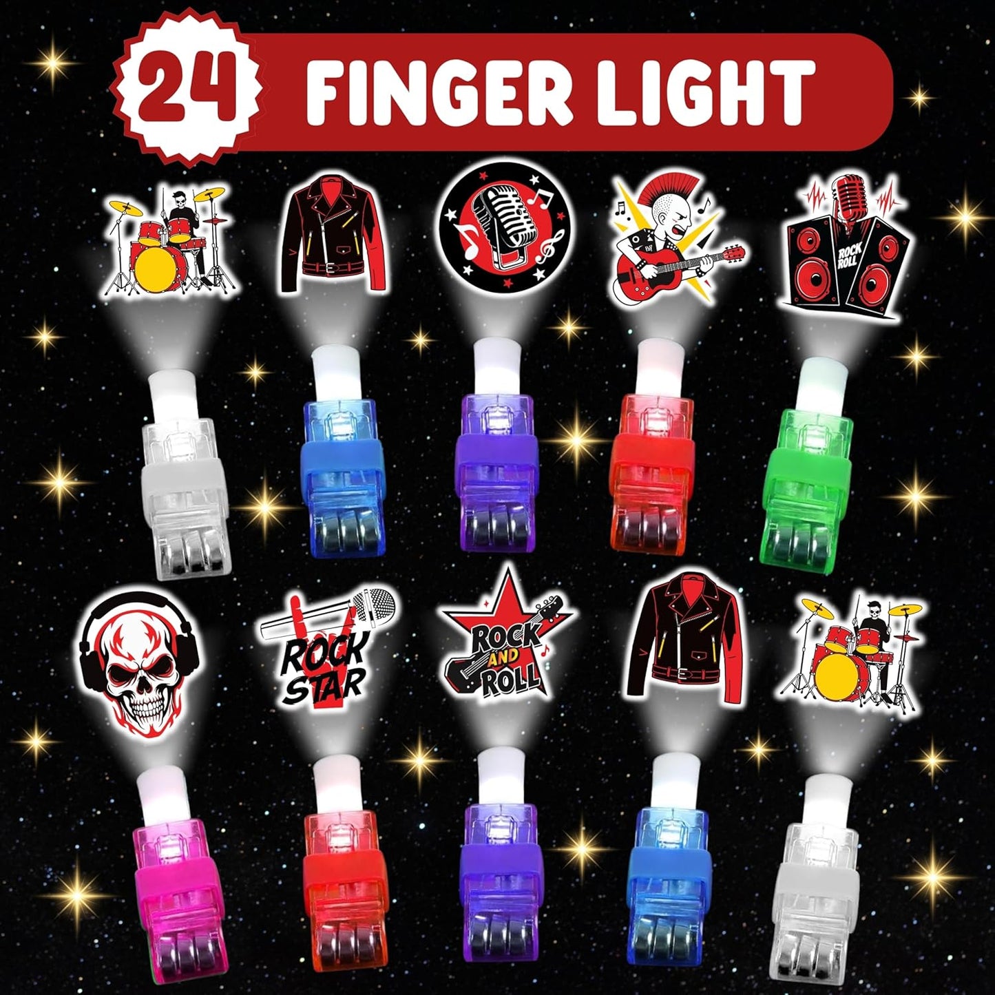 Rock Party Favors - 72 PCS LED Finger Lights & Tattoos Combo | Glow in the Dark Goodie Bag Fillers for Kids