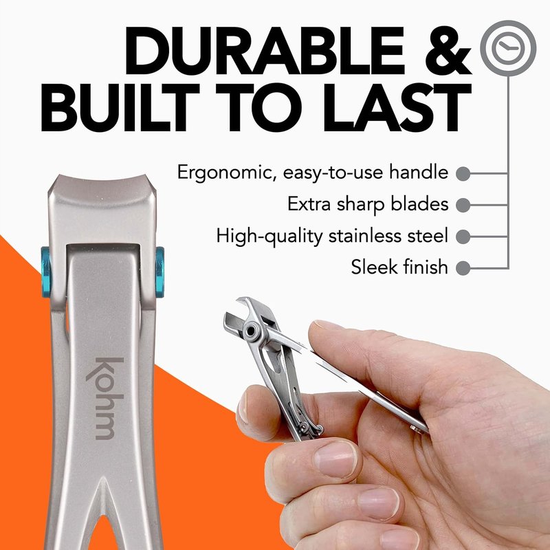 KOHM Nail Clippers Set - Heavy-Duty Wide Mouth Clippers for Thick Nails | Professional Silver Fingernail & Toenail Care