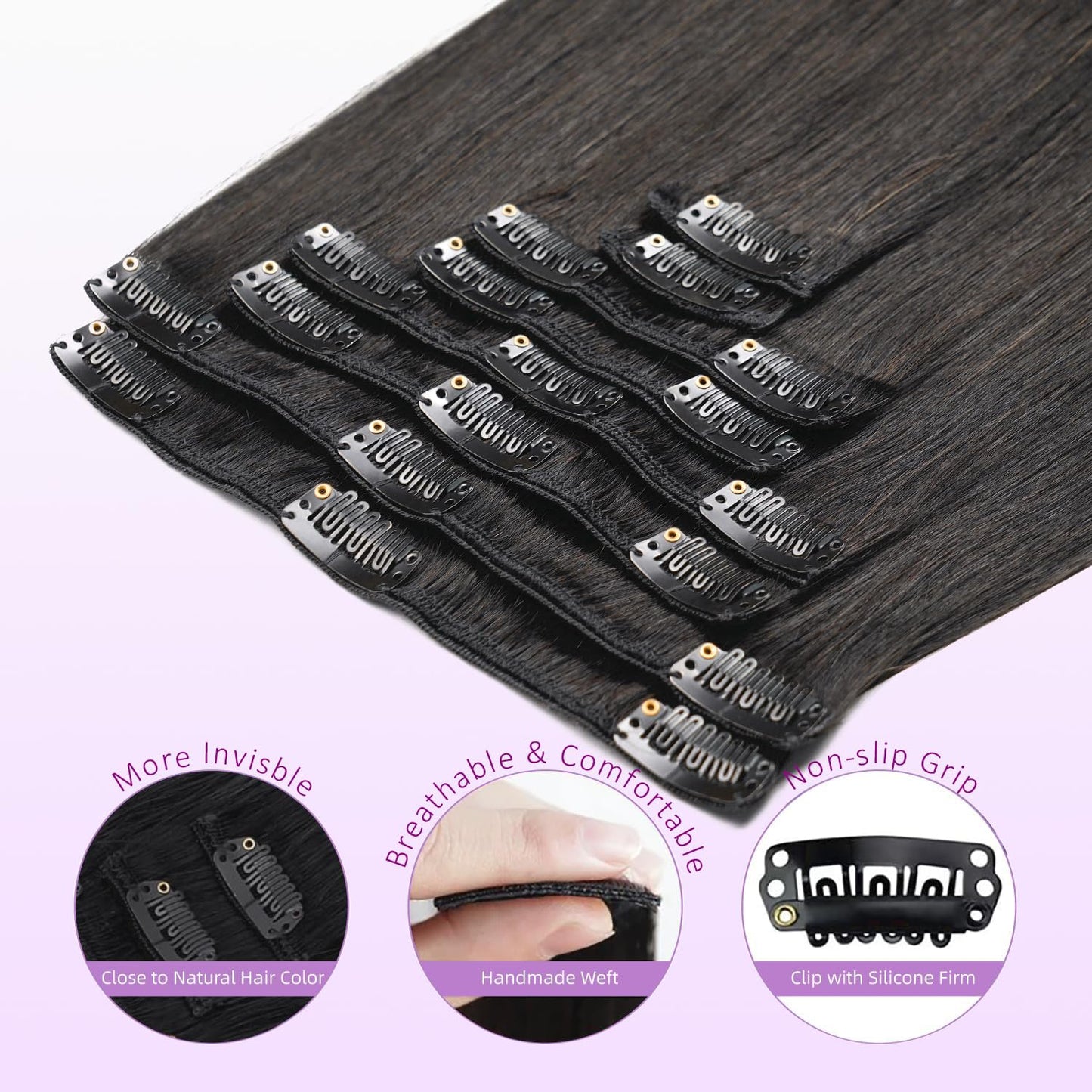 Real Human Hair Extensions - 100% Brazilian Remy Clip-In 20 Inch, Natural Black, 8pcs Set with Double Weft