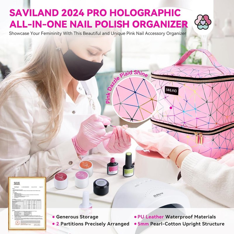 SAVILAND Nail Polish Organizer Bag - PU Leather Storage Case for 30 Bottles & Nail Lamp | Travel-Friendly Nail Tech Accessory