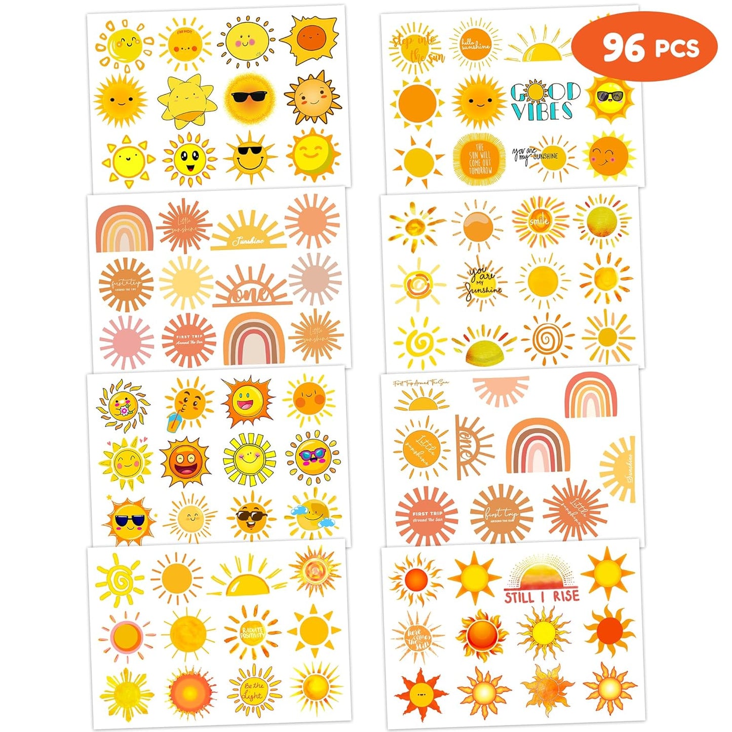 Sun Temporary Tattoos for Kids - 96 Cute Sun Stickers for Birthday Parties | Classroom Rewards & Summer Fun