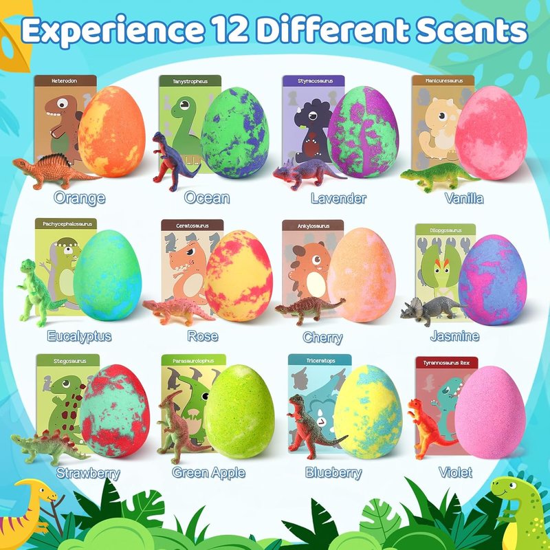 Dinosaur Bath Bombs for Kids - 16 Pack Organic Surprise Toys Gift Set | Fun Bubble Bath for Ages 3-9
