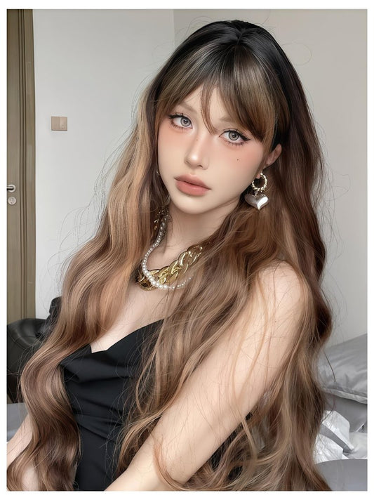 Aadesso Rust Brown Long Straight Wig 65cm Blunt Bangs Daily Synthetic Hair for Women East Asian Fashion K-pop Style Warm Earthy Heat Resistant wig cap (25.6 Inch)