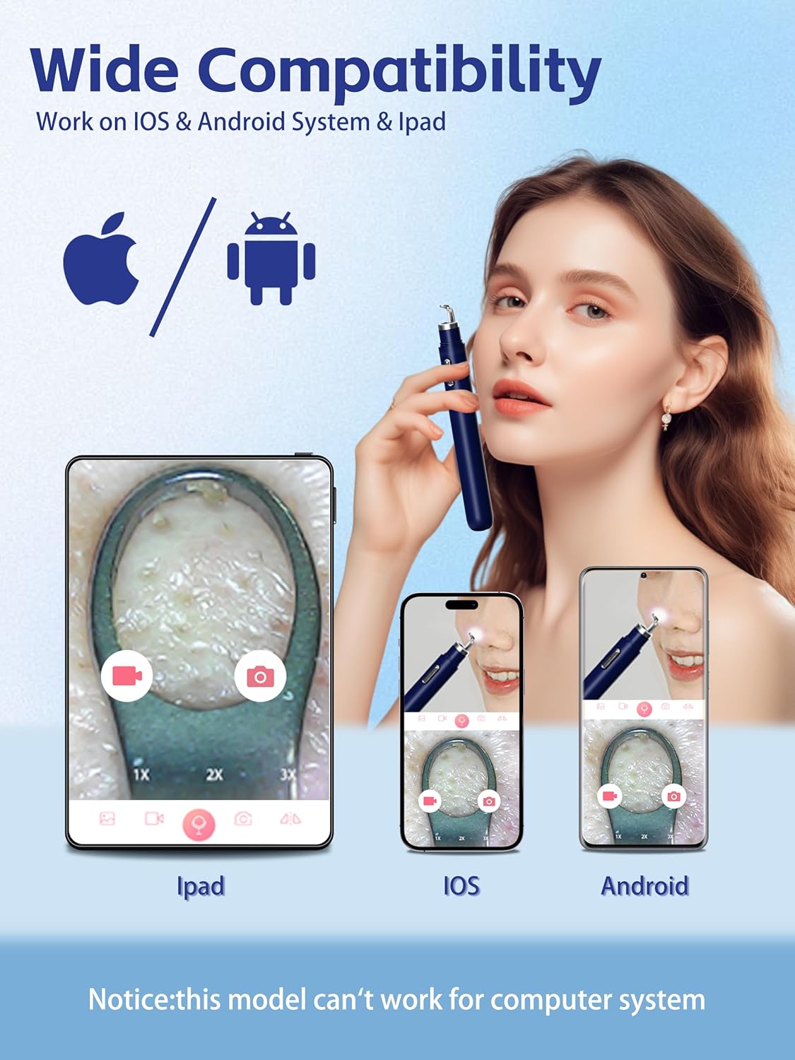 Blackhead Remover Tool Kit with Camera - 20X 1080P Pore Cleaner for iPhone/Android | Blue