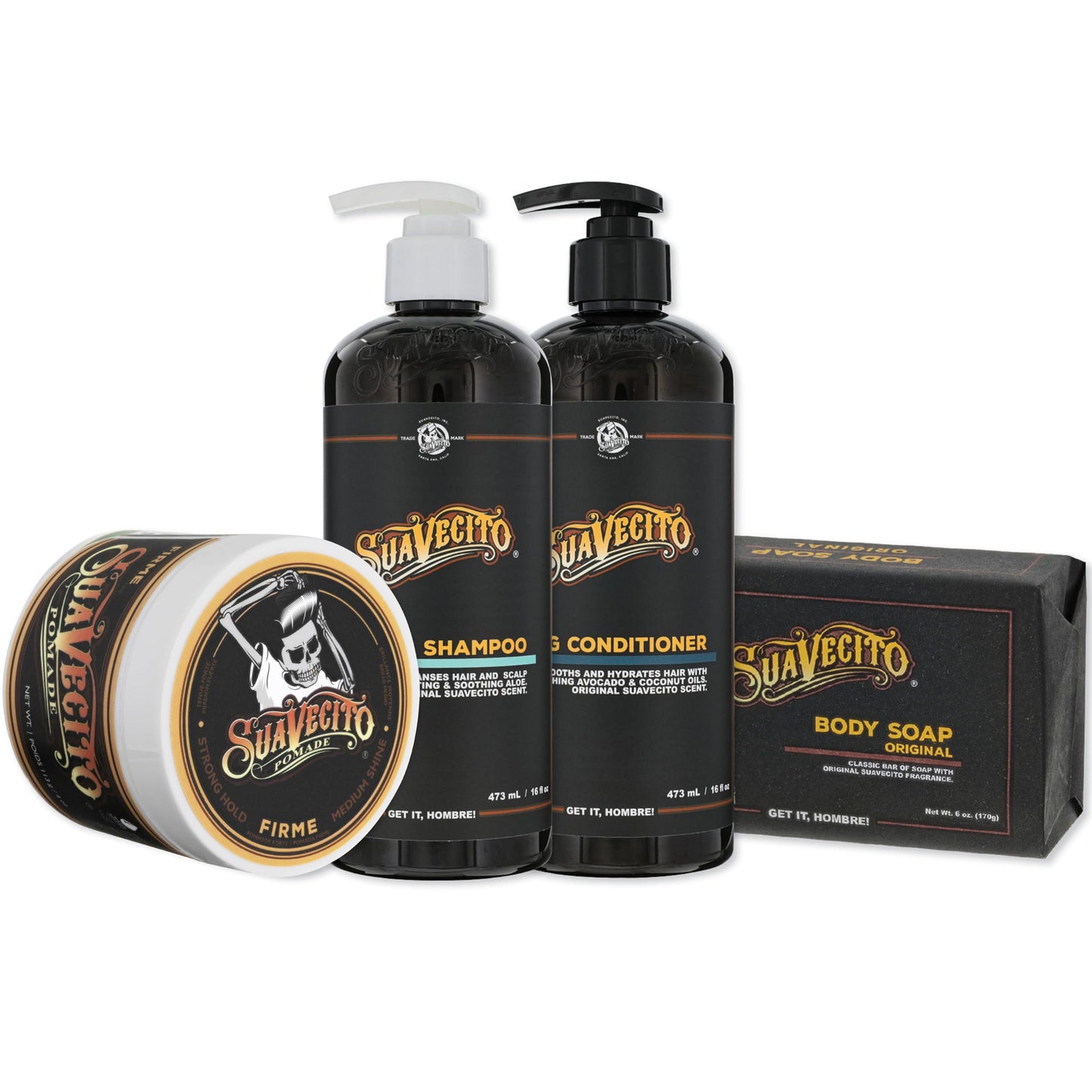 Suavecito Hair & Body Essentials Bundle: Firme (Strong) Hold Hair Styling Pomade, Moisturizing Body Soap, Hydrating Shampoo & Nourishing Conditioner…