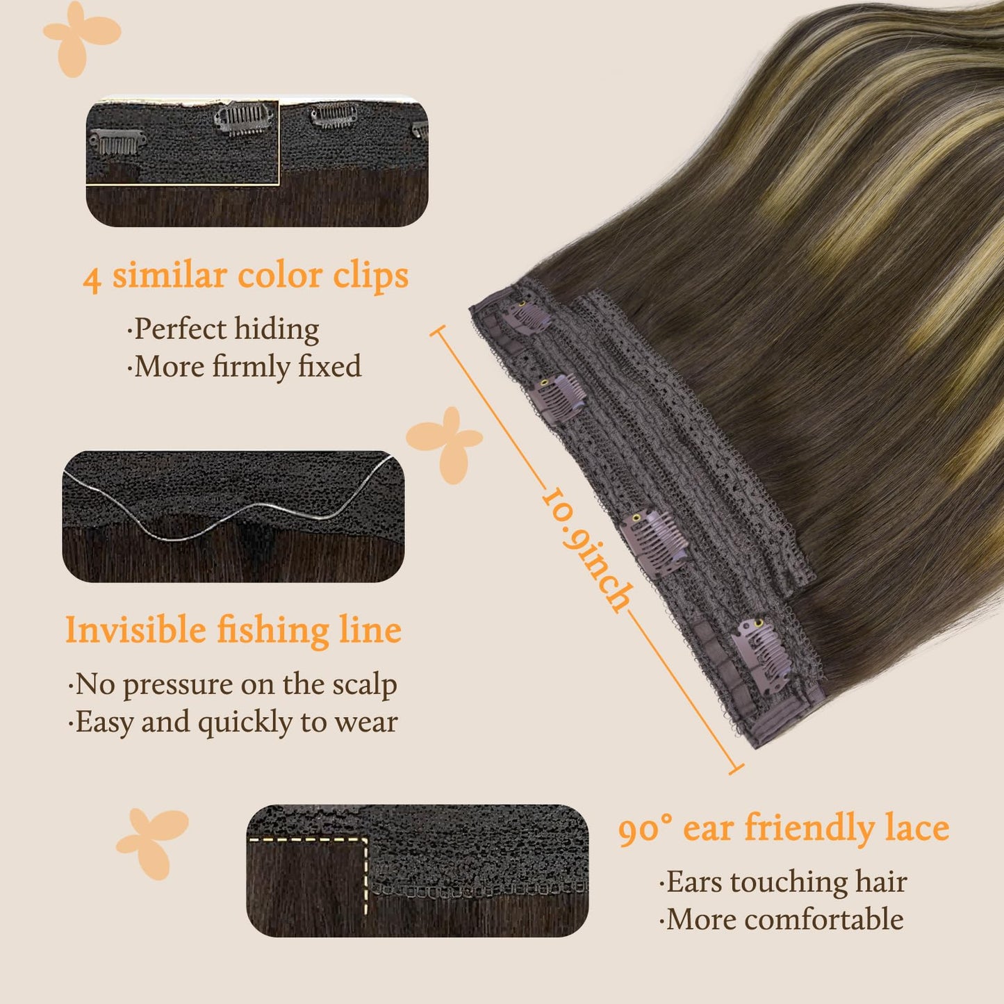 DOORES Wire Hair Extensions 14 Inch 75g Remy Human Wire Hair Extensions Invisible Transparent Line Adjustable Hairpieces Secret Extensions Straight Hair Balayage Chocolate Brown to Caramel Blonde