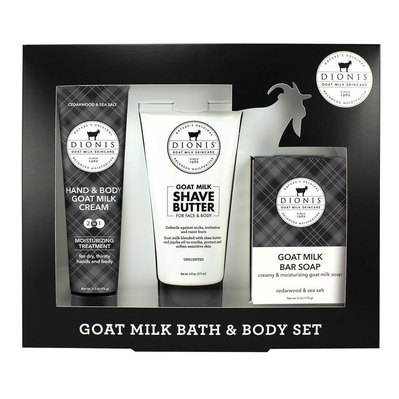 Dionis Goat Milk Shave Butter & Lotion Gift Set - Cedarwood & Sea Salt | 3-Piece Bath Set