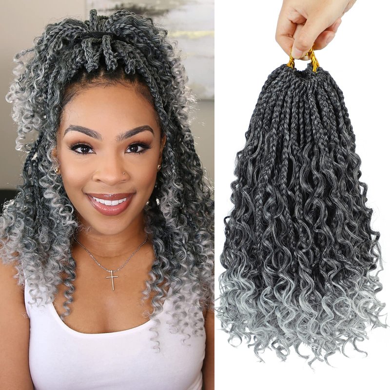 Goddess Box Braids Crochet Hair 10 Inch Bohemian Box Braids Crochet Hair with Curly Ends Boho 3X Synthetic Crochet Braiding Hair for Women (8 pack, 1b/gray#)