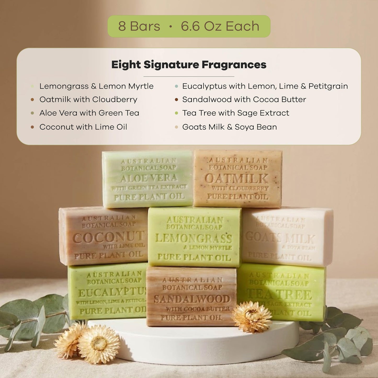 Australian Botanical Soap Variety Pack, 6.6 oz Bars – Goat Milk, Eucalyptus, Sandalwood, Coconut, Lemongrass, Aloe, Tea Tree, Oat Milk – Enriched with Organic Shea Butter, Pack of 8