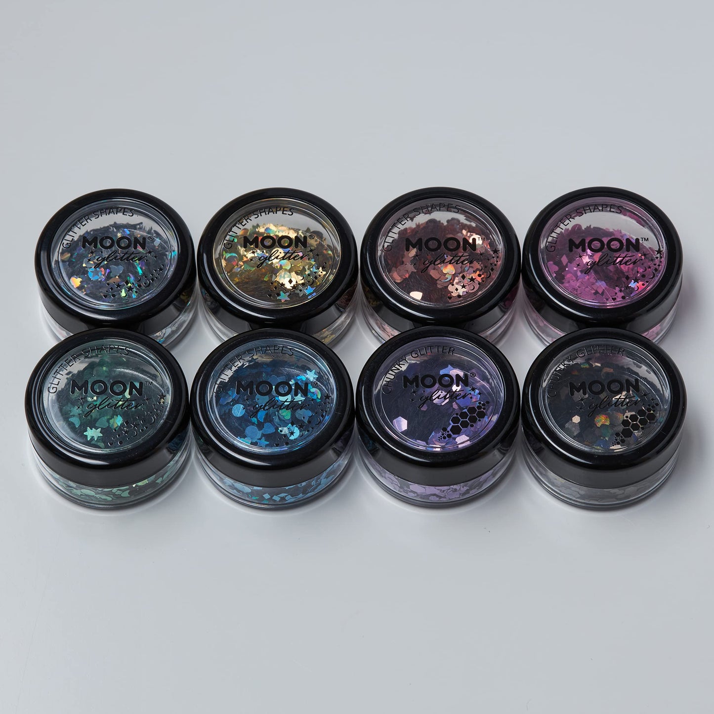 Holographic Glitter Shapes by Moon Glitter – 100% Cosmetic Glitter for Face, Body, Nails, Hair and Lips - 0.10oz - Set of 8 colours