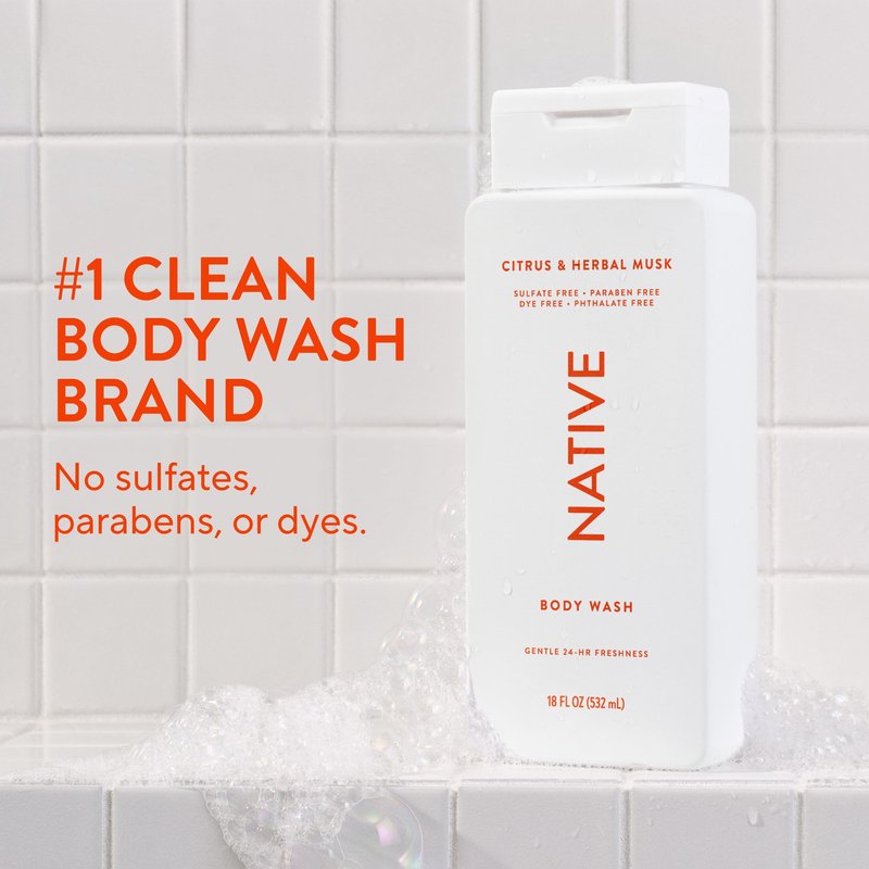 Native Body Wash Contains Naturally Derived Ingredients | For Women & Men, Sulfate, Paraben, & Dye Free Leaving Skin Soft and Hydrated | Citrus & Herbal Musk 18 oz