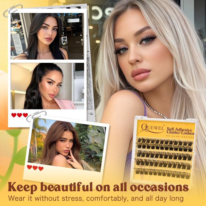 QUEWEL Self Adhesive Lash Clusters Kit, Pre Glued Eyelashes Clusters, 10-16MM Strong Hold Self Adhesive Eyelashes,D Curl Press On Lashes No Glue Needed DIY Lash Extensions Kit at Home(MJ02)