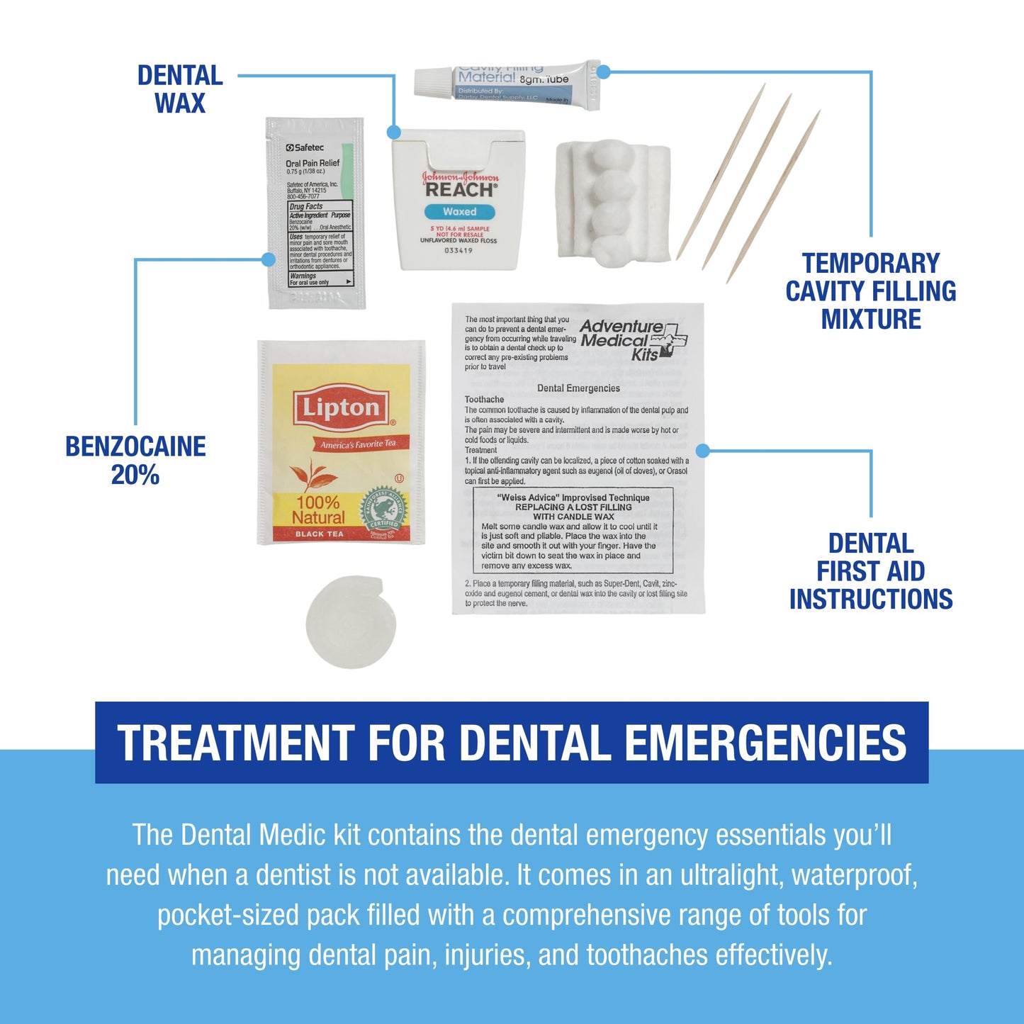Adventure Medical Kits Dental Medic Kit - Travel Dental Kit for Emergency Tooth Care - Includes Orasol Gel, Tural Tea, Temporary Cavity Filling & More