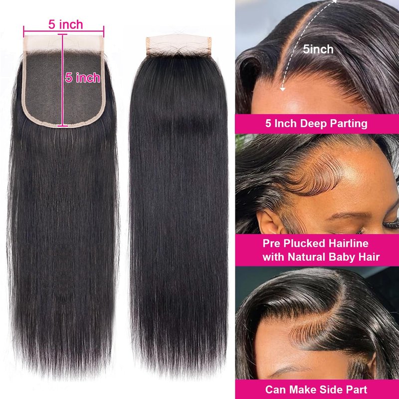5x5 Transparent HD Lace Closure Silky Straight Human Hair Lace Closure Brazilian Virgin Remy Hair Invisible Lace Frontal Closure Pre Plucked Natural Black Color 16 Inch