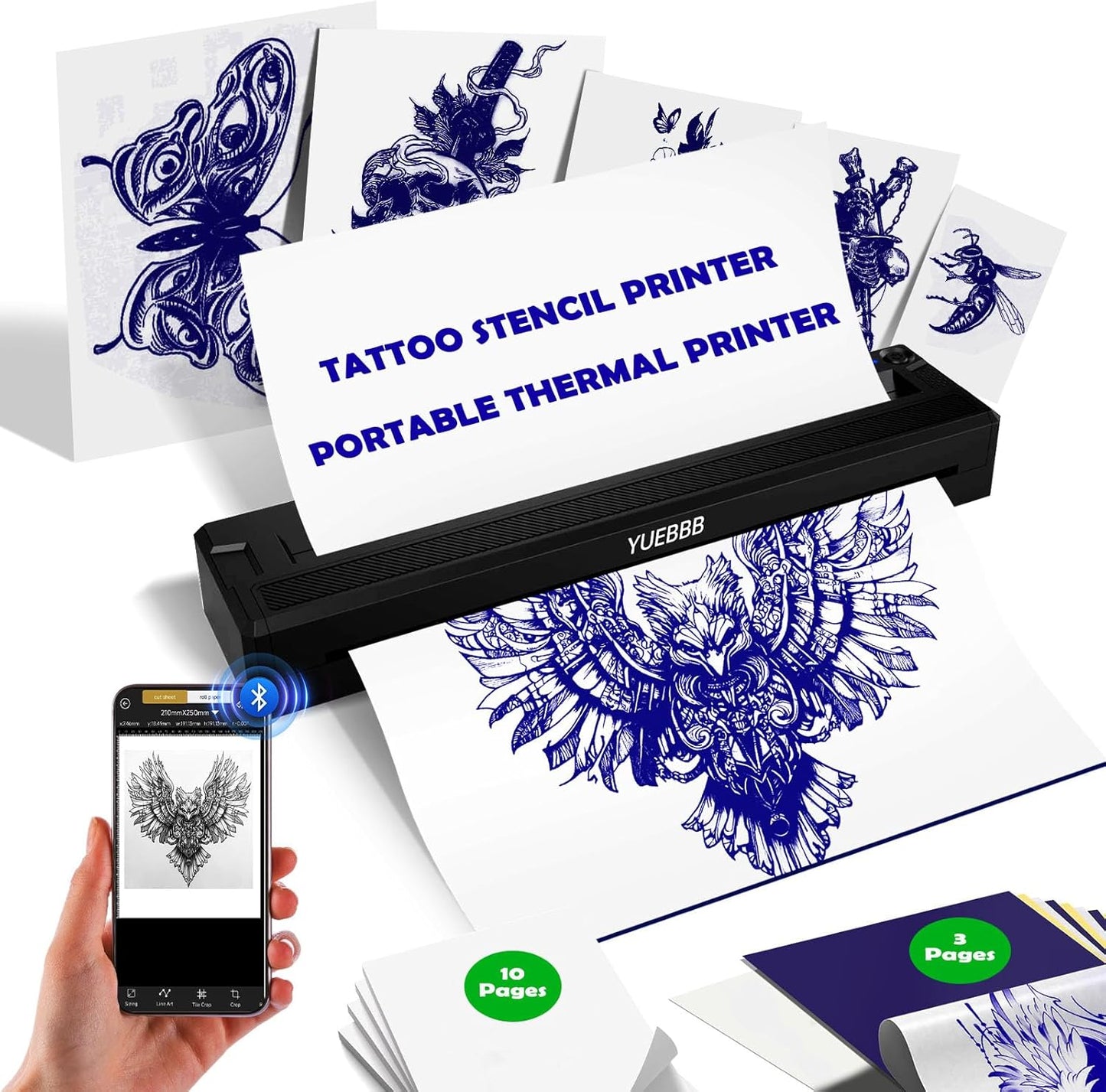 Tattoo Stencil Printer - Portable Wireless Bluetooth Thermal Transfer Machine | Includes 10 Thermal Papers & 3 Transfer Papers, Black