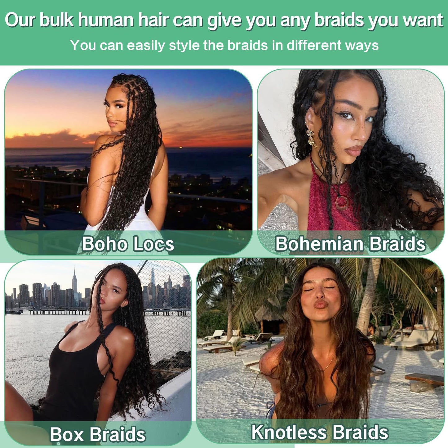 Human Braiding Hair for Boho Braids 120g 3 Bundles Deep Wave Curly Bulk Human Hair for Braiding Knotless Bohemian Natural Color (1B, 26 Inch)
