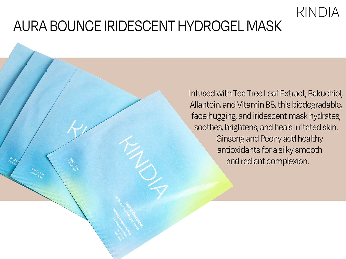 KINDIA Aura Bounce Pack - 5 Biodegradable Korean Sheet Masks, Tea Tree, Bakuchiol, Ginseng, Peony, Hydrating, Repairing, Ayurvedic Enriched - Rejuvenating Skincare Routine