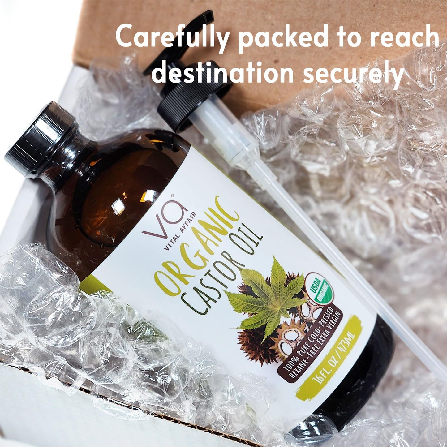 VITAL AFFAIR Organic Castor Oil 16 oz - Cold Pressed, Hexane Free & Unrefined Glass Bottle for Pack Wrap Routine, Hair Growth, Skincare, Face & Nails