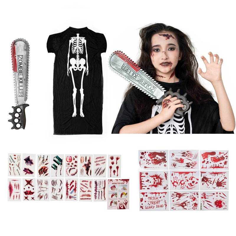 Halloween Tattoos,Halloween bloody saw toy,9 Sheets Bloody Handprint Footprint Wall Decal Floor Clings,15 Sheets Body Face Scar Realistic Temporary bloody Tattoos Stickers,skeleton costume