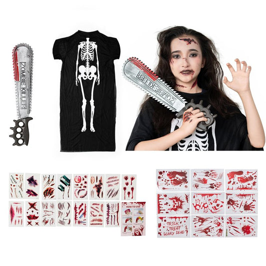 Halloween Tattoos,Halloween bloody saw toy,9 Sheets Bloody Handprint Footprint Wall Decal Floor Clings,15 Sheets Body Face Scar Realistic Temporary bloody Tattoos Stickers,skeleton costume