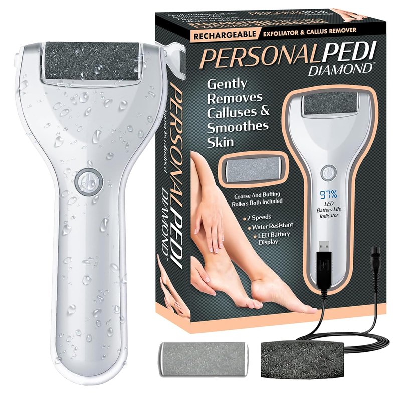 Personal Pedi Diamond Electric Foot Callus Remover for Feet - Water Resistant Electronic Foot File with LED Battery Display, 2 Speeds, Rechargeable Pedicure Kit for Hard Skin Remover & Cracked Heels