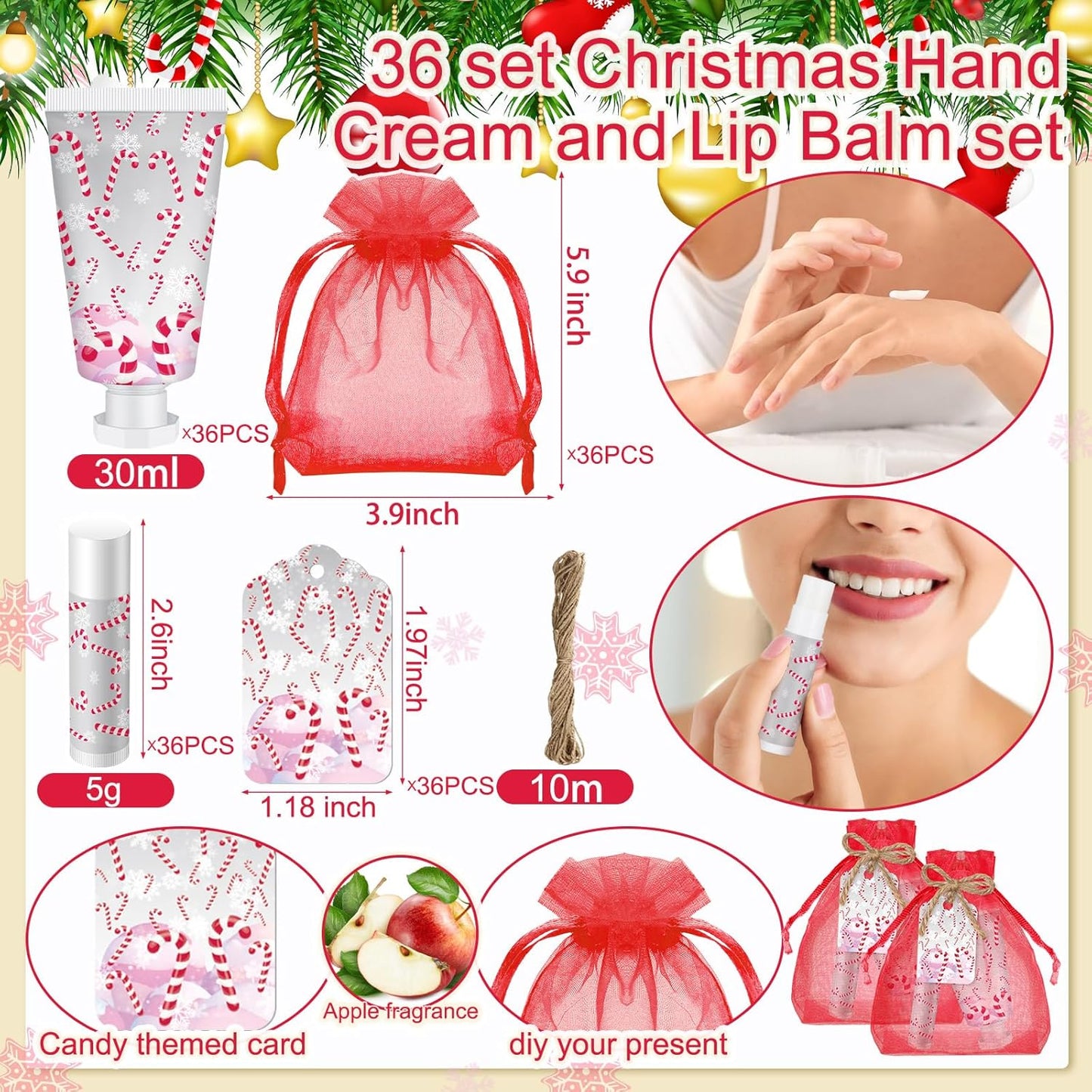 Christmas Candy Cane Hand Cream & Lip Balm Set - Travel Size Gifts for Women | Bulk Holiday Favors