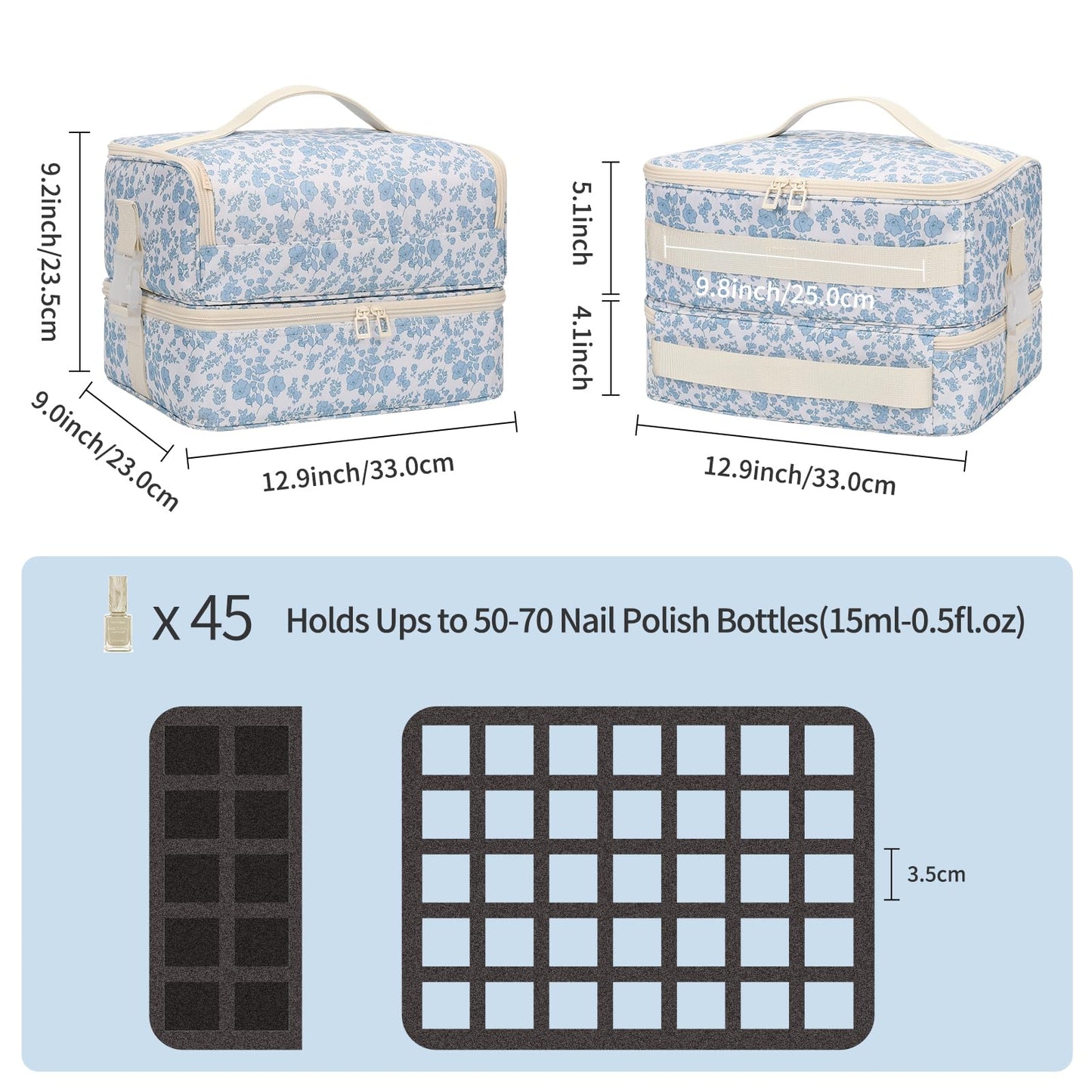 OCHEAL Nail Polish Organizer, Holds Nail Lamp and 45+ Bottles,3 Usage Modes Detachable Nail Storage Bag Travel Nail Tech Case Holds Nail Kit Stuff Manicure Tools -Floral
