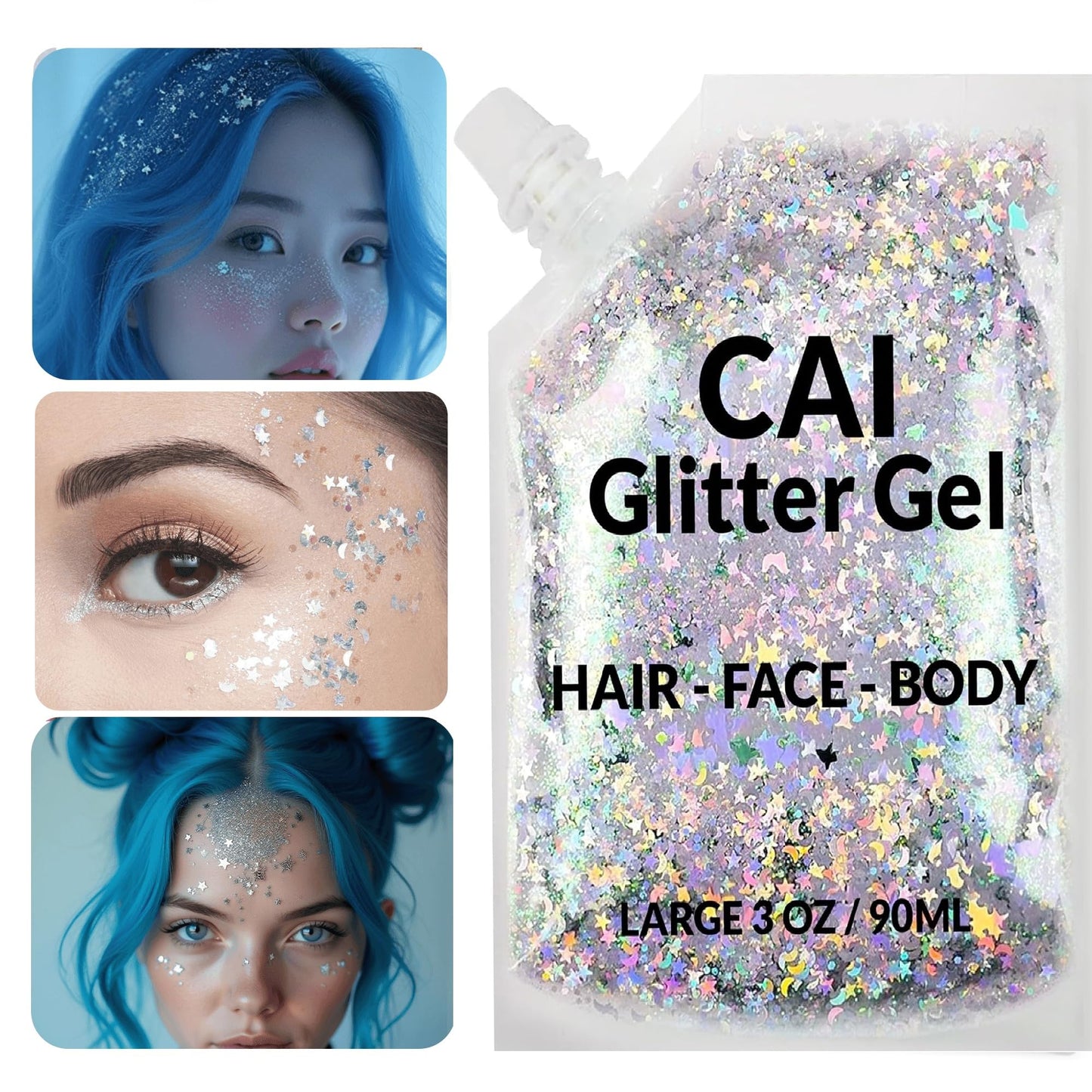 Face, Body & Hair Glitter Gel – Halloween Glitter for Kids and Women – 3 Oz Cosmetic-Grade Gel w/Moon & Stars for Festivals & Halloween Party