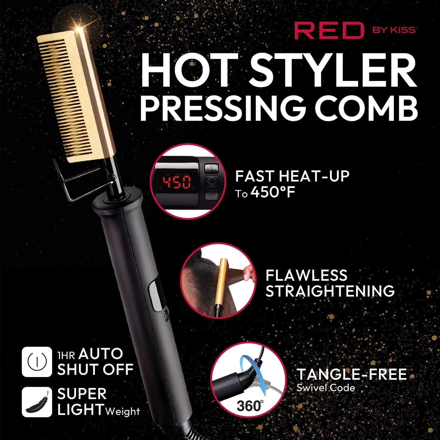 Red by Kiss Hot Comb Hair Straightener 450 Degrees, Straight Teeth Electric Heating Comb, Pressing Comb Brush for Straightening Hair and Beard, Curling Iron for Natural Black Hair