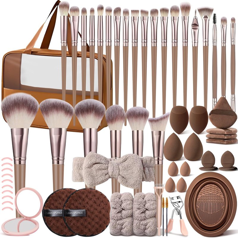 Professional 63-Piece Brown Makeup Brush Set - Premium Synthetic for Foundation, Concealer, Blush & Eyeshadow | Includes Case