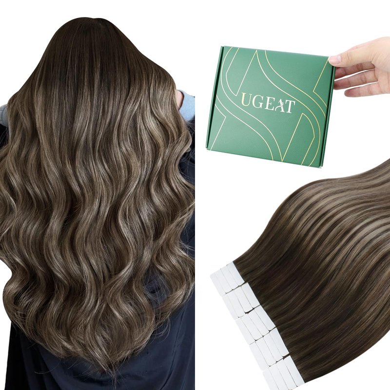 Ugeat 20 Inch Tape in Extensions Human Hair Balayage Hair Extensions Tape ins Dark Brown Mix Ash Brown Thick Human Hair Extension Tapes in Quick to Wear 50G 20Pcs