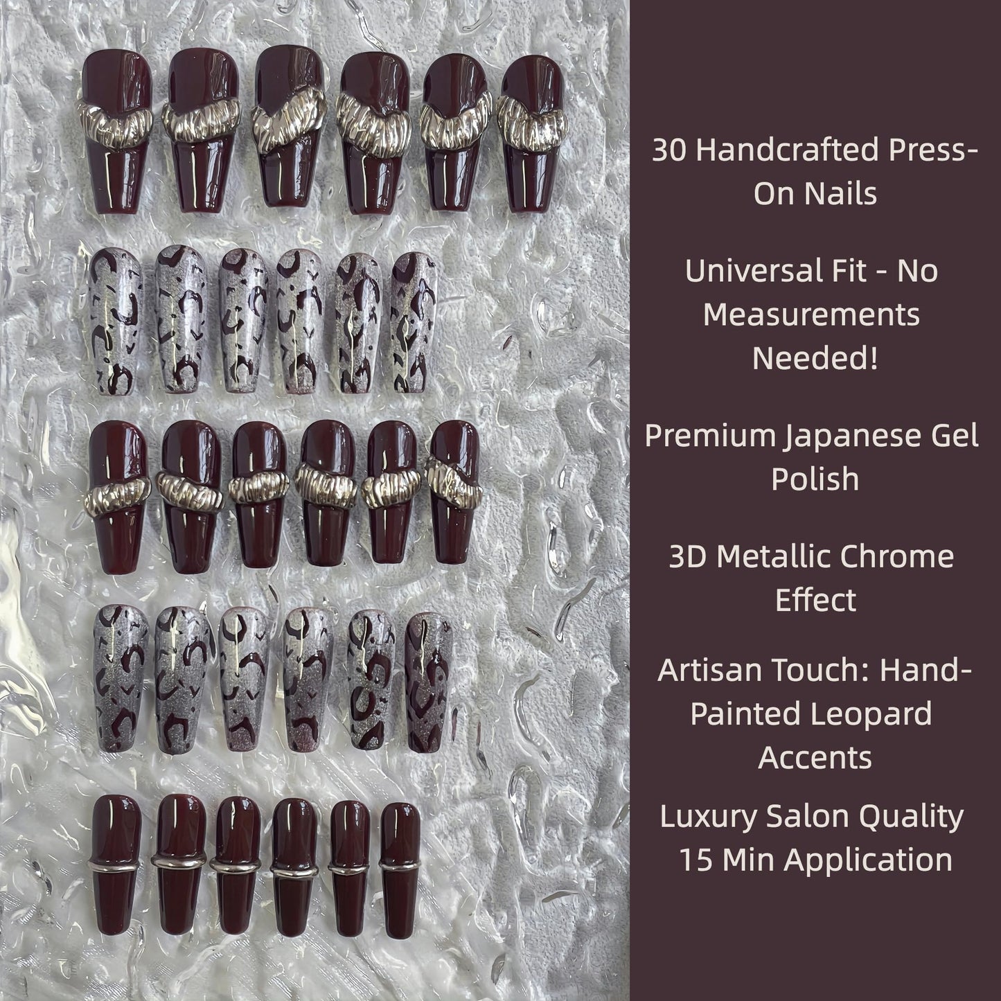 30PCS Handmade Press-On Nails – Long Coffin Dark Brown Leopard with Gold Accents – No Size Measuring Needed – Luxury Gift Set with Glue, Tools & Acrylic Box – Reusable Nail Kit for Women