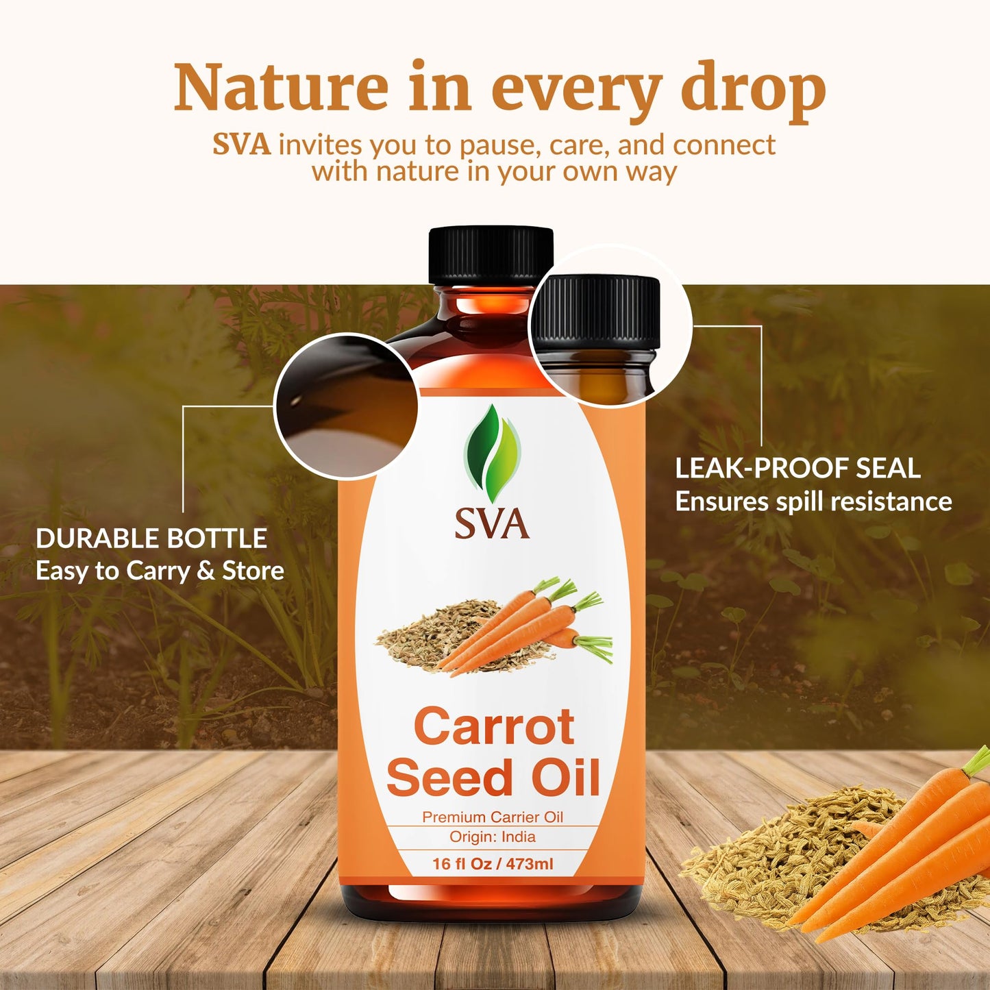 SVA Carrot Seed Oil - 16 Fl Oz – 100% Natural Cold Pressed Carrot Oil - for Face, Skin Care, Hair Care, Scalp Massage & Body Massage – Carrier Oil