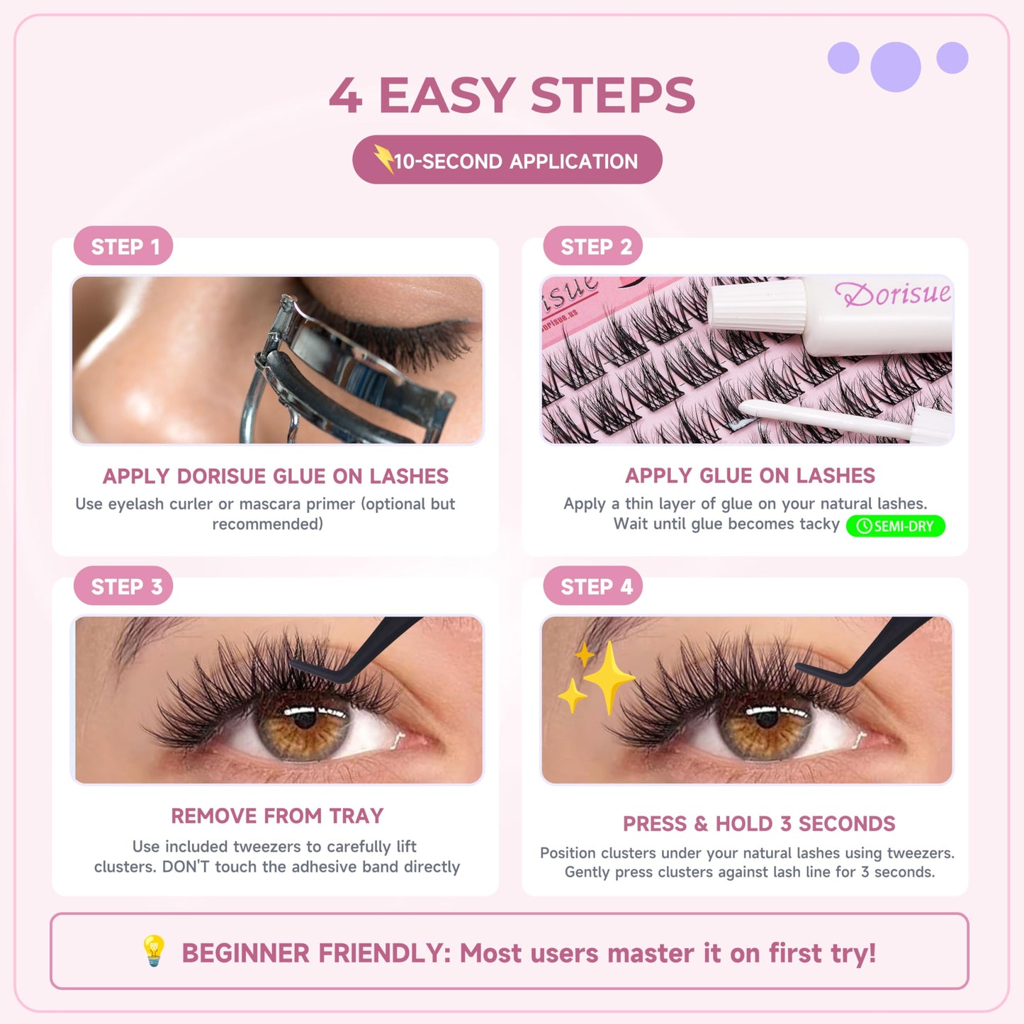 Dorisue Beautiful Cluster Lashes Kit for Beginners - 120PCS 5D Volume with 0.05mm Invisible Band, 3-Step Easy Application System with precision Tweezers and Mini Glue, Sleep Safe Waterproof