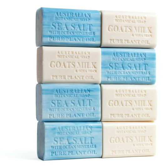 Australian Botanical Soap Men's Body & Beard Bar Duo Pack – Goats Milk & Sea Salt with Ocean Minerals, Triple Milled 6.6 oz Bars, 8 Pack - 4 Bars of Each