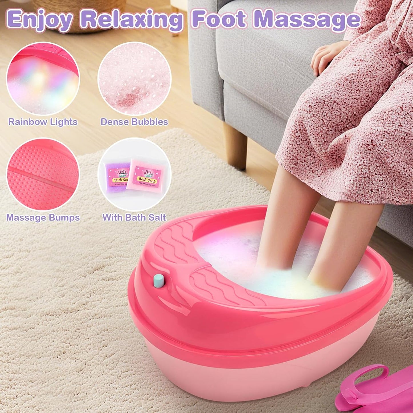 Dreamon Kids Foot Spa & Nail Kit Set - 25-Piece Rainbow Light Massage Foot Soak Tub | Manicure & Pedicure Art for Ages 3-12