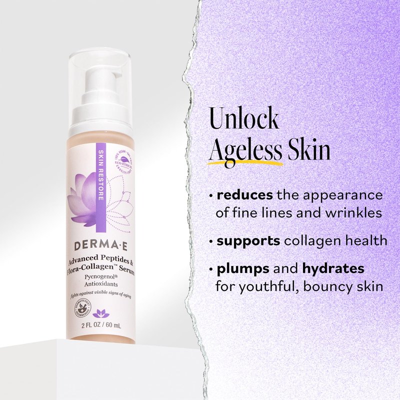 DERMA E Advanced Peptides and Vegan Flora-Collagen Serum – Double Action Collagen Face Cream with Peptide Complex – Intensely Hydrating Serum for Lines, Wrinkles and Redness, 2 oz