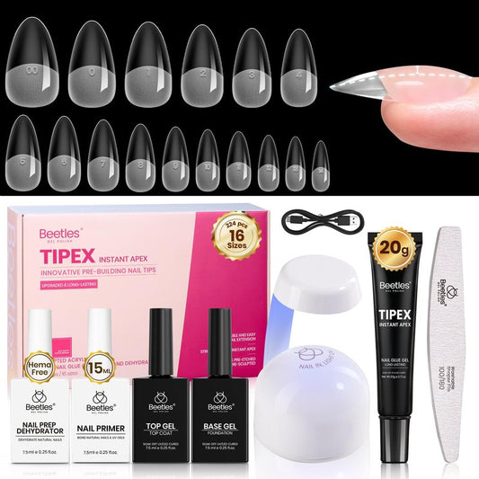 Beetles Tipex Instant Apex Nail Tips Kit with Dehydrator & Primer, Medium Almond, 224PCS 16 Sizes, Reinforced Apex for Strong Long-Lasting Wear, 20g Solid Nail Glue, Mini UV Lamp, Base & Top Coat