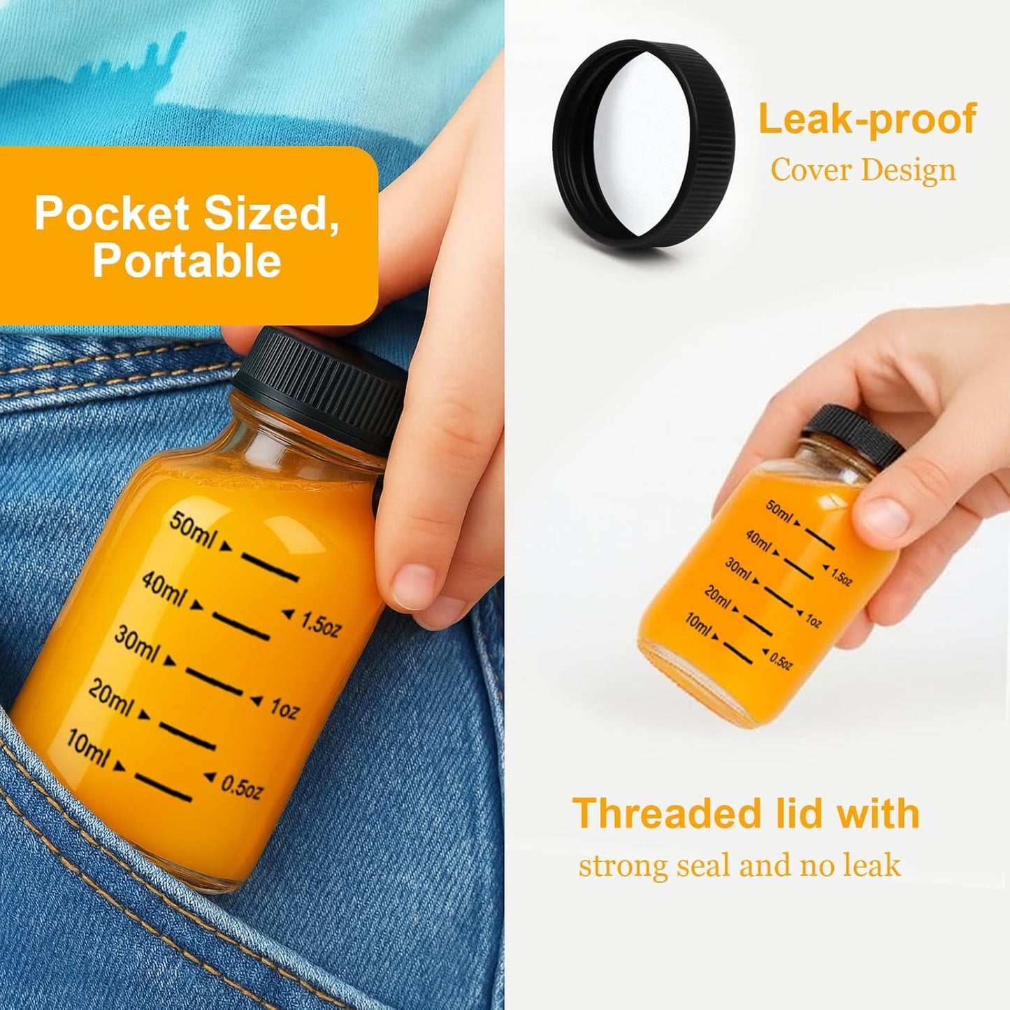 **16 Pack 2oz Glass Shot Bottles - Leakproof Mini Jars with Black Caps for Juicing & Party Favors | ml & oz Scale**