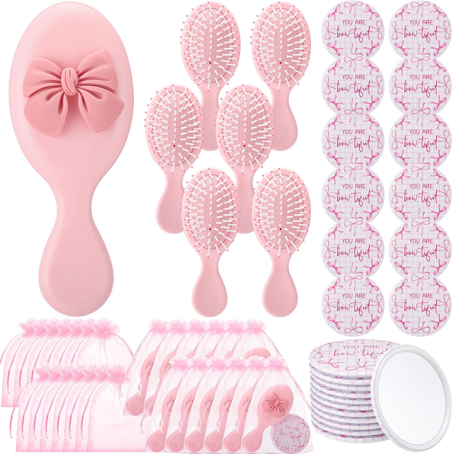 Wonderjune 12 Set Pink Bow Party Favors Women Coquette Compact Mirrors with Mini Hair Brush Organza Bag Inspirational Coquette Aesthetic Preppy Gifts for Sleepover Birthday Bow Themed Party Favors
